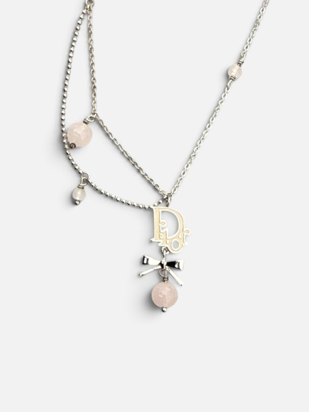 Christian Dior Logo Charm Bow Pink Bead Layered Necklace Silver Tone - Picture 7 of 8